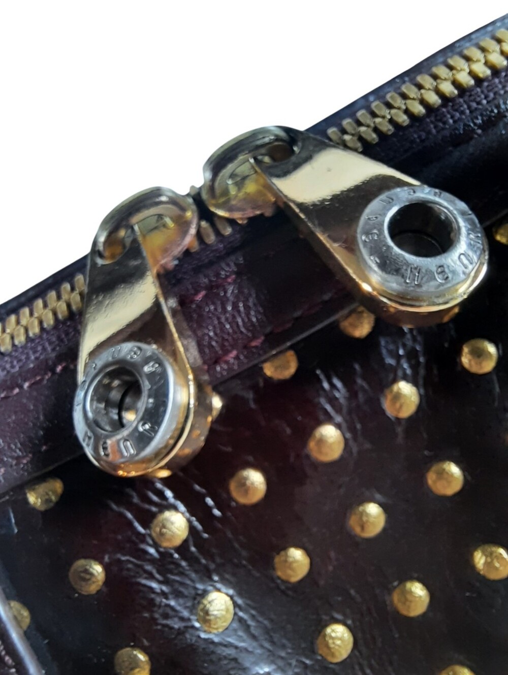 HENRI BENDEL Steampunk Studded Satchel Crossbody Barrel Bag Hold Plum Striped - Picture 4 of 11